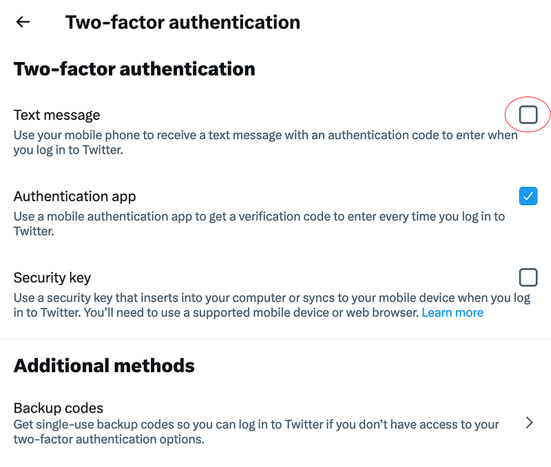 Screenshot of the unchecked Text message option in Twitter’s interface, taken and highlighted by author