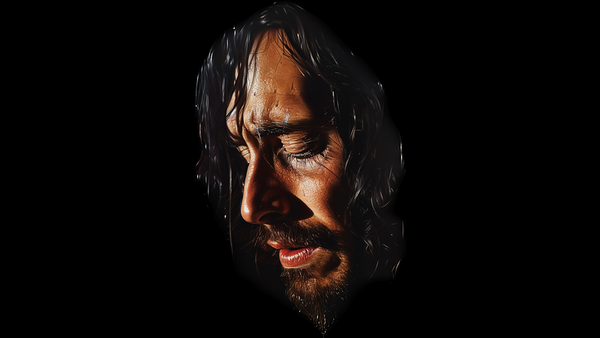 A man’s face surrounded by darkness, he is looking down, eyes almost closed, head downcast, alone.